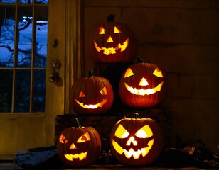 Vibrant Halloween pumpkins glowing in the night, spooky decorations for festive season