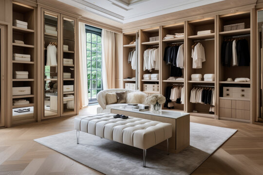An elegant and chic French Country-style walk-in closet with a modern twist, offering spacious and convenient storage for clothing, shoes, and accessories, featuring stylish wood accents