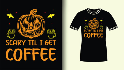 Scary 'til I Get Coffee Halloween Party Tee for Cute spooky season with Colorful Halloween Bats