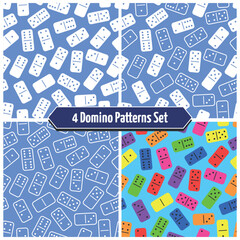 Set of 4 Domino Patterns - Messy Dominoes Blue, White, Outlines and Colored. Seamless link.