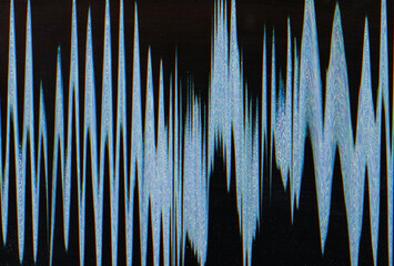 Vhs noise. Signal distortion. Digital glitch. Blue zigzag lines interference frequency analog TV on black background.