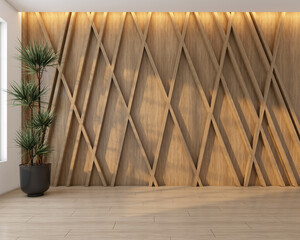 Modern Japan style empty room with wood slat wall and wooden floor. Morning light and green indoor plants. 3D rendering
