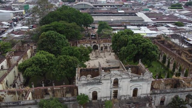 Aerial view: Courtyard of old colonial art school ruin, Santa Ana, SLV