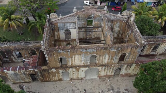 Aerial: Historic old colonial building ruin in Santa Ana, El Salvador