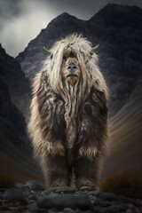 a humanoid creature covered in long white hair standing beneath a rock outcropping among the himalayan mountains5 50mm photograph4 national geographic animal photogaphy4 