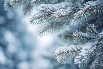 Christmas background with pine tree branch on snow