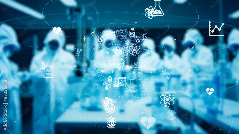 Poster people experimenting in a laboratory and science technology concept.