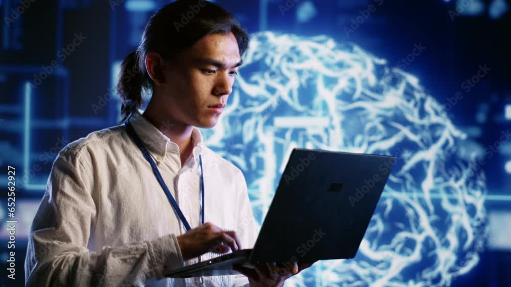 Fototapete IT practitioner works with artificial intelligence computerized model simulating human brain. Tech savvy inspector overseeing AI machine learning algorithms pattern recognition