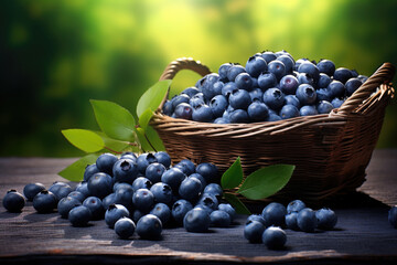 Blueberries in a wicker basket - obrazy, fototapety, plakaty
