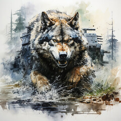 Fierce Wolf in the Wild A watercolor artwork captures the aggression tank and forest backdrop