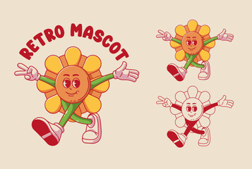Flower Vintage Logo Cartoon Retro Mascot Design Vector Illustration