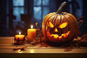 Halloween, orange pumpkin with carved face, candles and autumn leaves on wooden table with blurry background