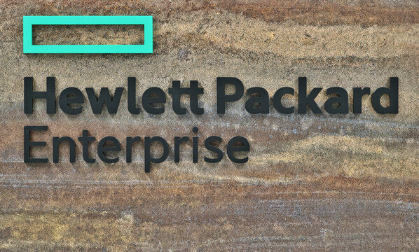 Hewlett Packard Enterprise business sign and logo in Houston, TX. Multinational information technology company.