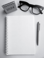 White blank template on notepad with 2024 desk calendar, pen and glasses. Blank paper for draw,...