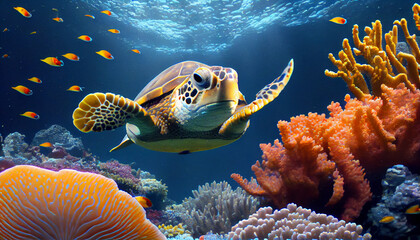 Tropical coral reef fish underwater world and sincere sea turtle smailing in the underwater, Ai generated image - obrazy, fototapety, plakaty