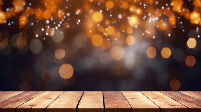 empty wooden table with bokeh light background