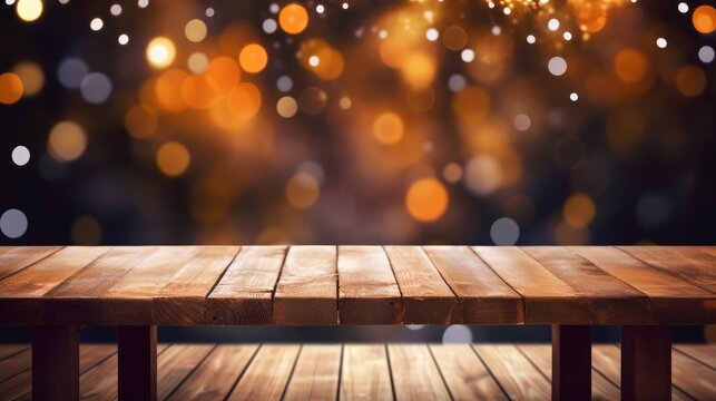 empty wooden table with bokeh light background