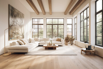 a white room with wood flooring stone walls large window