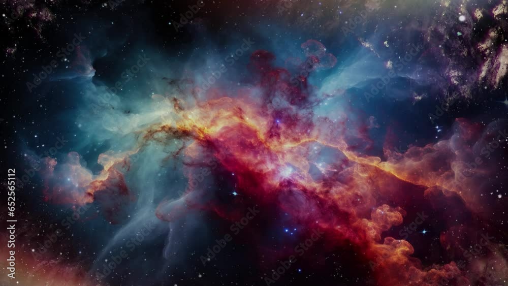 Wall mural an 4k animated push through a cosmic environment towards a colorful nebula with a background of star