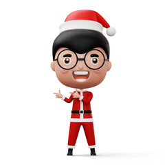 Happy kid wearing santa claus costume pointing  finger, Merry christmas, 3d rendering