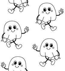 Vector seamless pattern of groovy retro outline cartoon ghost isolated on white background