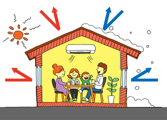 ZEH・断熱性の高い住宅で夏も冬も快適な暮らしを実現するイメージイラスト（背景透過・矢印付）