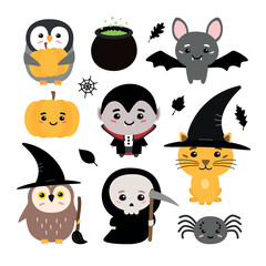 Vector set of flat hand drawn Halloween characters isolated on white background
