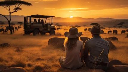 couple sitting on the floor Grass and a jeep in the grass field with wild animals in the background, the sunset © ND STOCK
