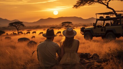 couple sitting on the floor Grass and a jeep in the grass field with wild animals in the background, the sunset - obrazy, fototapety, plakaty