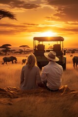 couple sitting on the floor Grass and a jeep in the grass field with wild animals in the background, the sunset - obrazy, fototapety, plakaty