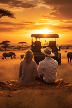 Fototapeta couple sitting on the floor Grass and a jeep in the grass field with wild animals in the background, the sunset