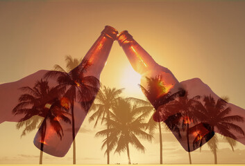 Hands toasting beer on tropical beach sunset background. Party and celebration concept.