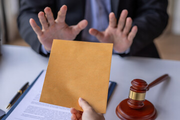 Businessman refusing money that comes with agreement paper, Anti bribery,  businessman taking...
