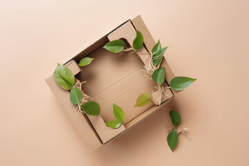 Eco concept with green leaves sprout growing in cardboard box from craft paper. Eco, zero waste, plastic free and saving energy, sustainable lifestyle, renewable energy.