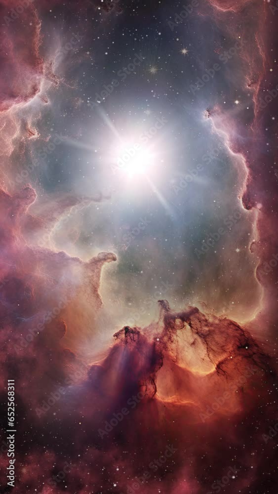 Wall mural an animated rotating nebula with stars and a distant sun shining in the background.