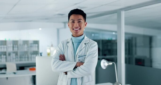 Smile, Portrait And Asian Man Or Scientist In Laboratory, Pharmaceutical Research In Biotech And Science. Medical Study, Innovation Or Vaccine Development, Happy Person With Arms Crossed In Lab