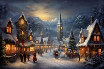 A picturesque Christmas village scene with a charming church as the centerpiece