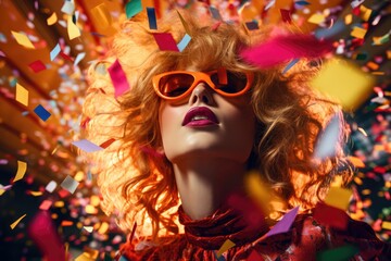 A woman in a red dress with sunglasses, celebrating surrounded by confetti