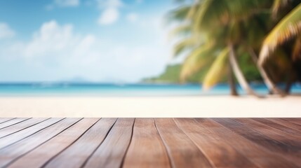 Fototapeta premium wooden table set against a backdrop of the sea, an island, and a vibrant blue sky.