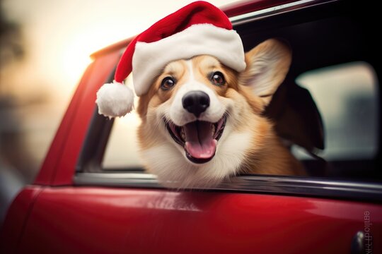 A festive dog enjoying a car ride with a Santa hat on