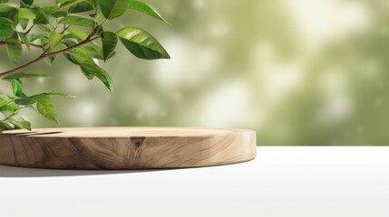Wooden product display podium for cosmetic product with green nature garden background