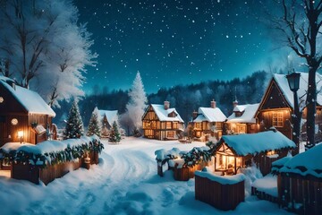 Christmas village with Snow in vintage style. Winter Village Landscape. Christmas Holidays  - obrazy, fototapety, plakaty