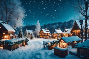 Beautiful winter  trees and a wooden house in a snowy 