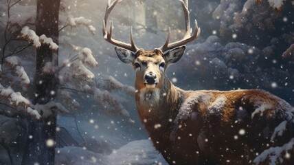 A majestic deer in a serene snowy forest