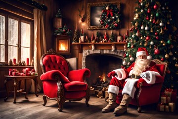 Santa Claus brought gifts for Christmas. He sits in an armchair in a beautiful Christmas interior. Christmas and New Year concept
