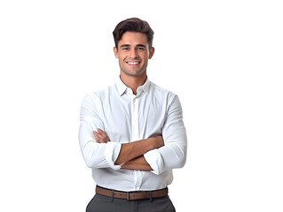 Businessman smiling and standing with arms crossed isolated on white background, generative ai