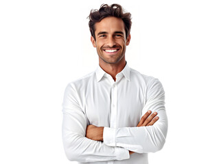 Business man smile and standing with arms crossed isolated on white background, generative ai