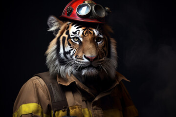 cute tiger animal firefighter uniform