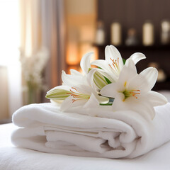 Fototapeta na wymiar White towels with white lily flowers on bed in hotel room