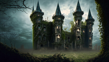 abandoned creepy castle in the dark night